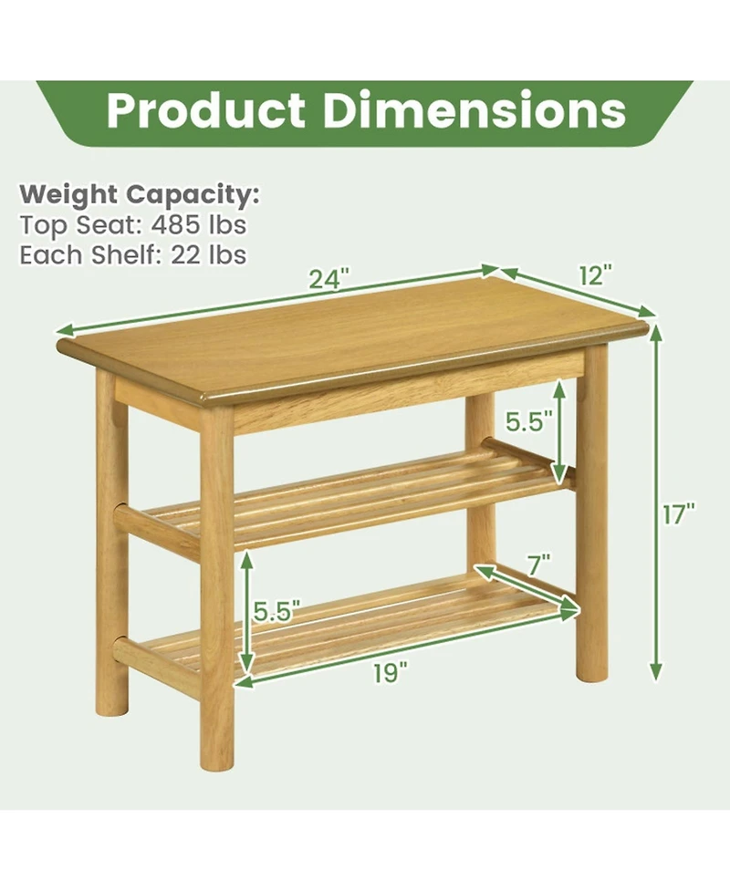 Sugift 3-Tier Rubberwood Shoe Rack Bench with Slatted Shelves and 485 Pound Seat