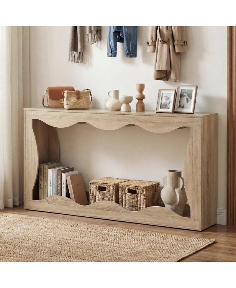 Sugift 63 Inch Console Table 2-Tier Narrow Entryway Table with Wavy Edge and Storage Shelf