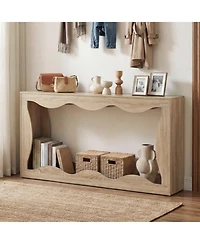 Sugift 63 Inch Console Table 2-Tier Narrow Entryway Table with Wavy Edge and Storage Shelf