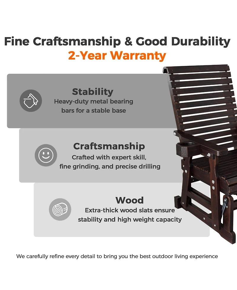 Mega Casa Solid Wood Outdoor Glider Chair, All-Weather High Back Patio Rocker with Dual Cup Holders