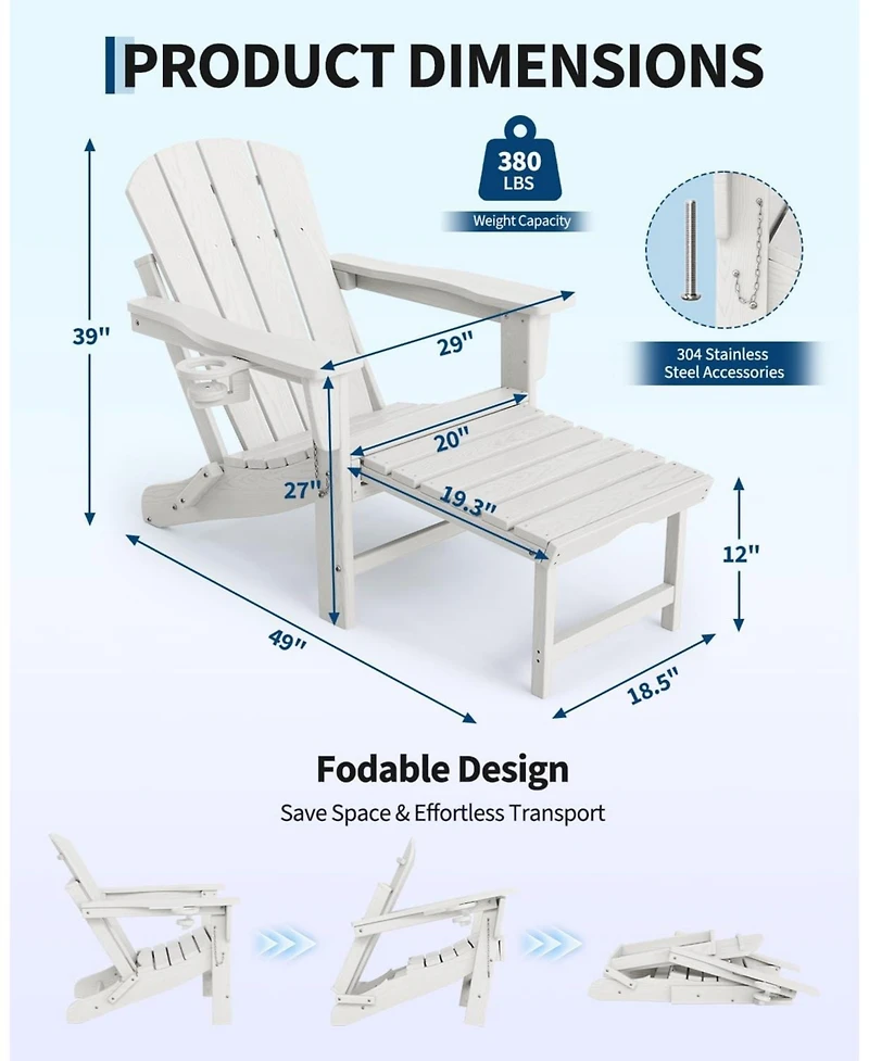 homfan Set of 2 Adirondack Rocking Chairs with Ottoman, Weather-Resistant Hdpe Patio Rockers with Cup Holders, Folding Outdoor Chairs.