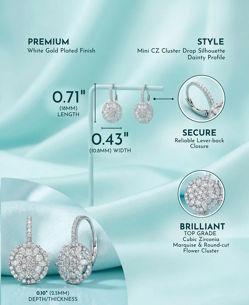Rachel Glauber White Gold Plated Cz Flower Cluster Halo Dangle Earrings