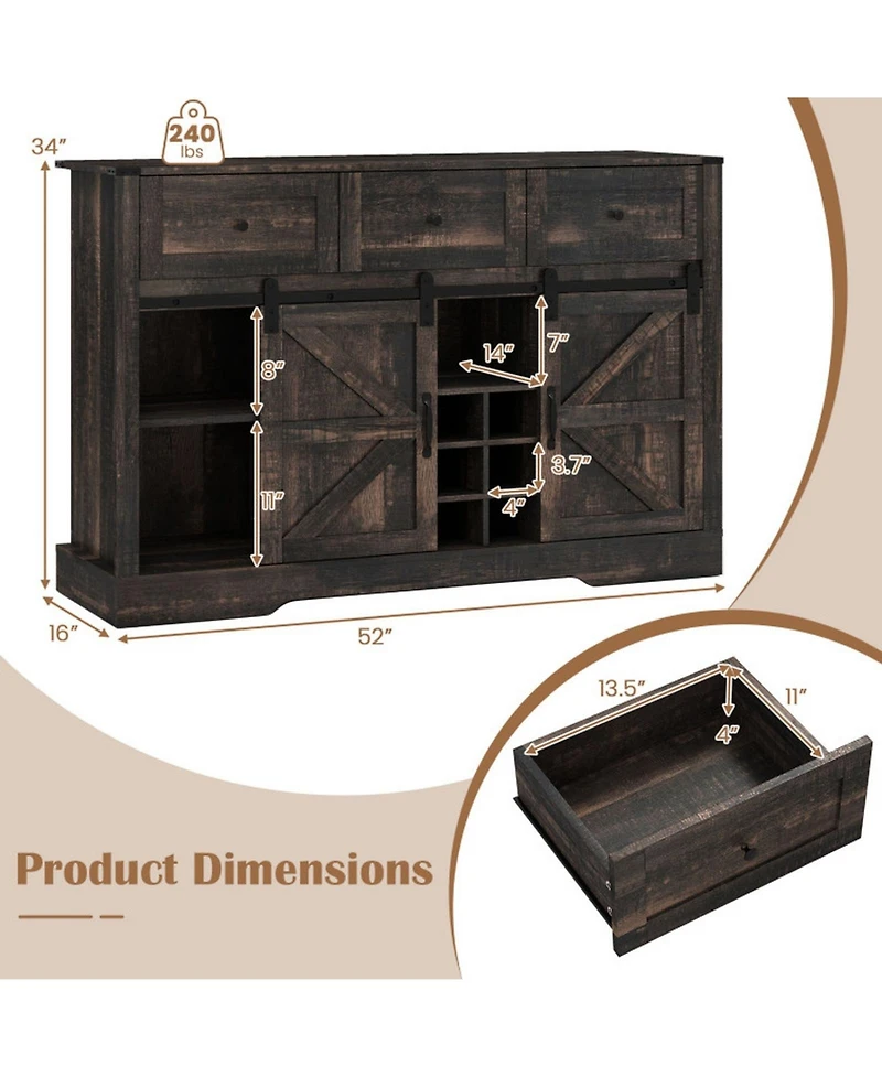 Sugift 52 Inch Wine Bar Cabinet with Led Lights Sliding Barn Doors and Glass Racks