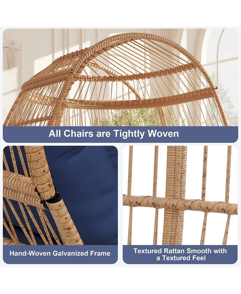 Wicker Egg Chair, Oversized Indoor Outdoor Lounge Chair with Soft Thick Cushion, 500 Lbs Capacity for Balcony, Living Room, Backyard