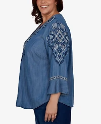 Alfred Dunner Plus Embroidered Henley Denim Blouse
