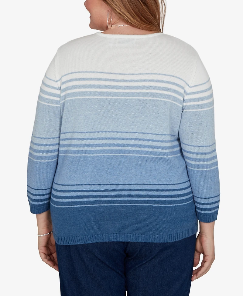 Alfred Dunner Plus Floral Embroidery 3/4-Length Crewneck Pullover Sweater
