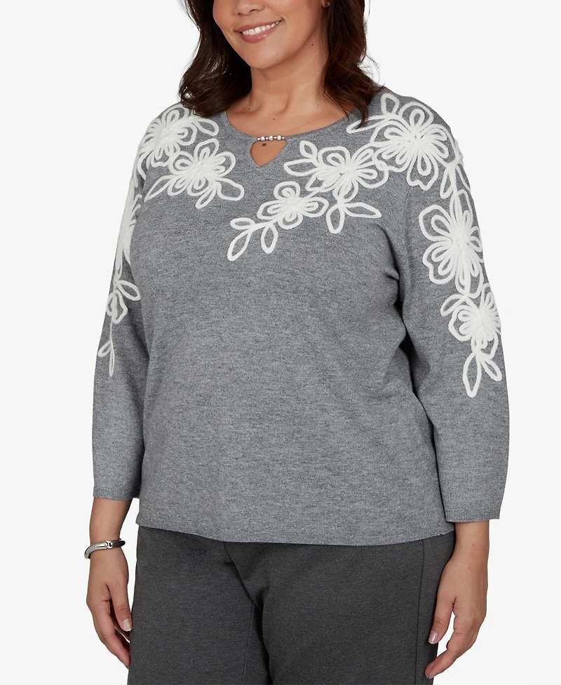 Alfred Dunner Plus 3/4-Sleeve Keyhole Neck Floral Embroidery Sweater