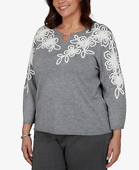 Alfred Dunner Plus 3/4-Sleeve Keyhole Neck Floral Embroidery Sweater