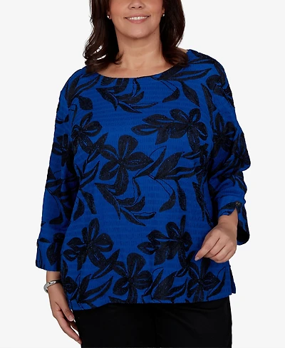 Alfred Dunner Plus Calm Luxe Floral Textured-Knit Boat Neck Blouse