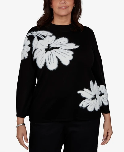 Alfred Dunner Plus 3/4-Sleeve Floral-Print Crewneck Pullover Sweater