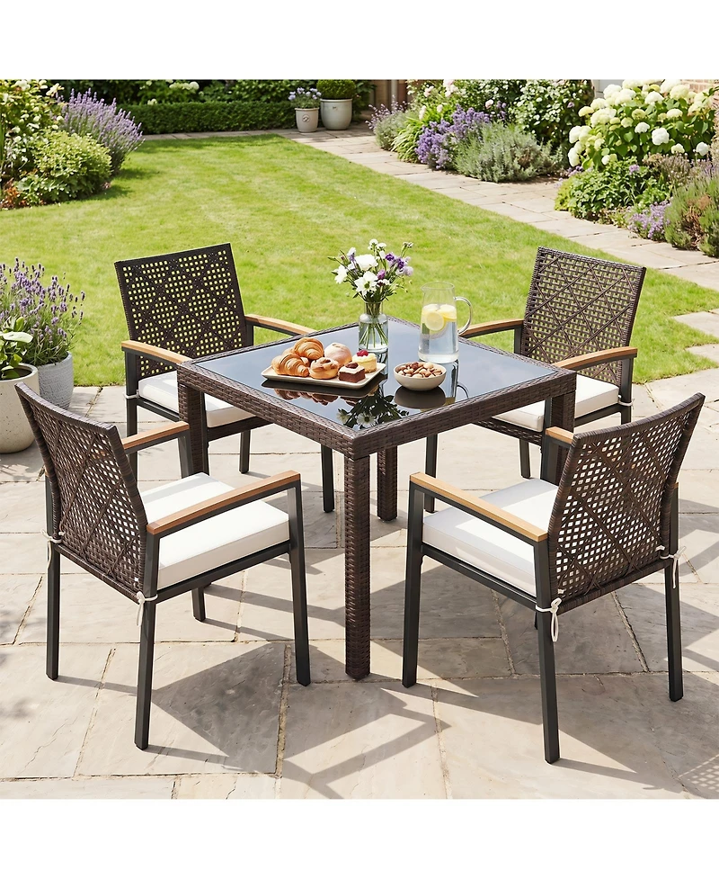 Gymax Patio Dining Chairs Set of 4 w/Acacia Wood Armrests Soft Padded Cushion for Yard