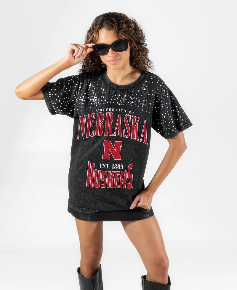 Gameday Couture Women's Nebraska Huskers the Zone Washed Relaxed-Fit Drop-Shoulder Micro Rhinestone T-Shirt