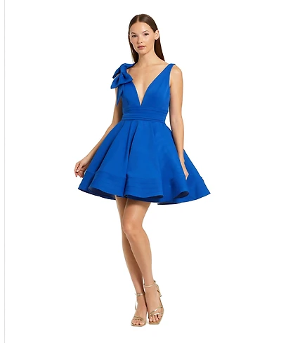 Mac Duggal Women's Crepe Sleeveless V Neck Mini Dress With Bow