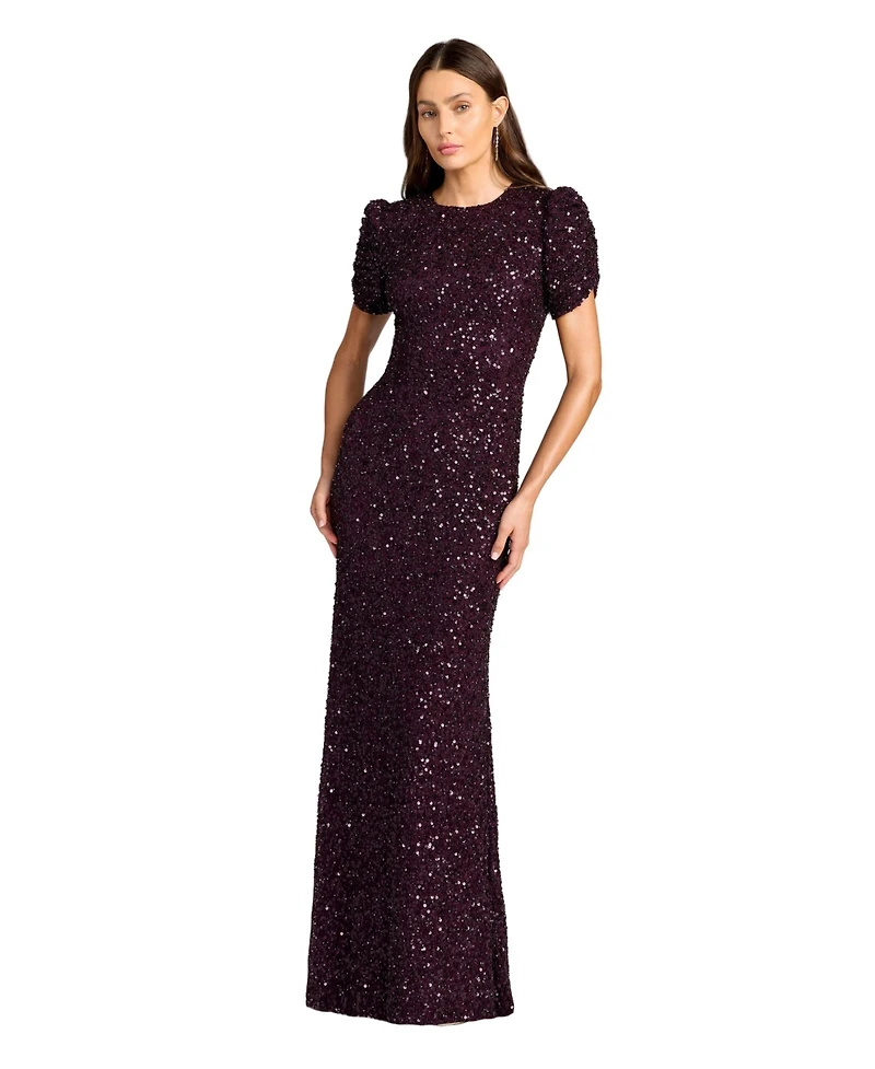Mac Duggal Women's Embellished Mesh High-Neck Short Sleeve Gown