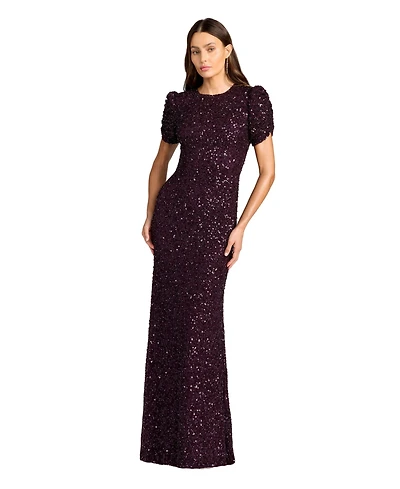Mac Duggal Women's Embellished Mesh High-Neck Short Sleeve Gown