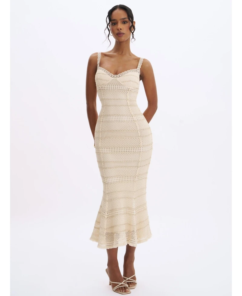 Miss Circle Women's Xiomara Beige and Gold Stripe Crochet Knit Mermaid Midi Dress