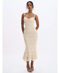 Miss Circle Women's Xiomara Beige and Gold Stripe Crochet Knit Mermaid Midi Dress