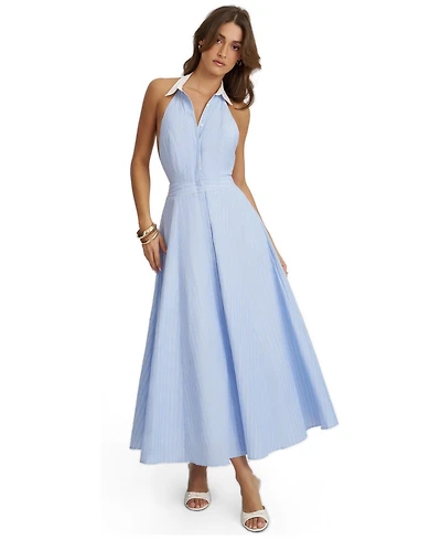 Miss Circle Women's Winslet Sky Blue Striped Cotton Poplin Halter Maxi Dress