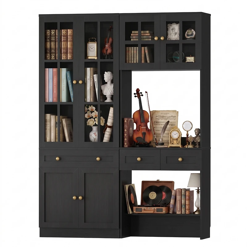 Aheaplus Farmhouse Cabinet with Glass Hutch and Writing Desk for Living Room