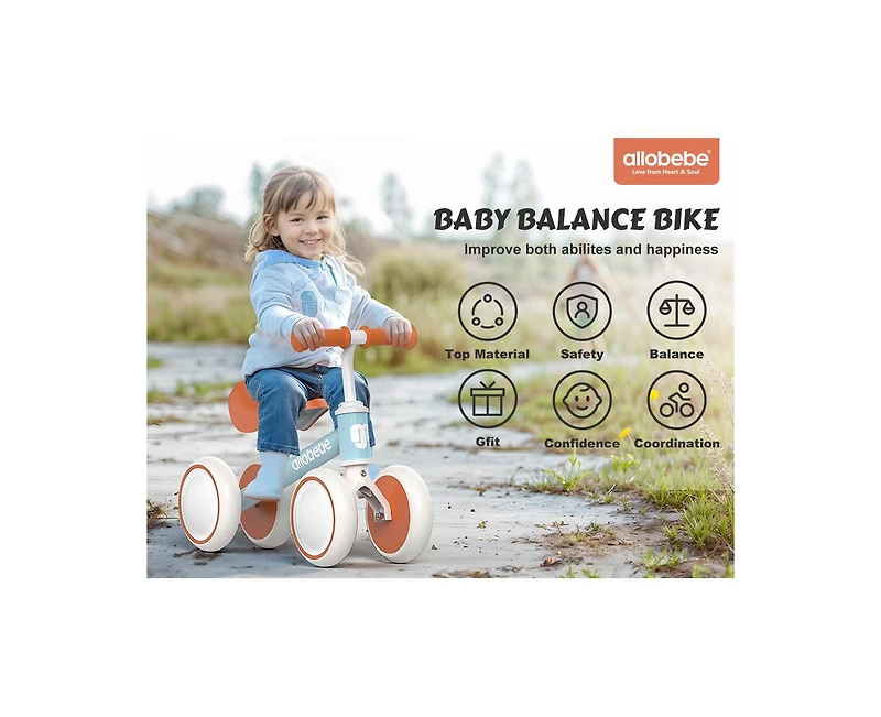 Allobebe Baby Balance Bike, 4-Wheel with Adjustable Seat and Silent Wheels, Ages 1-3