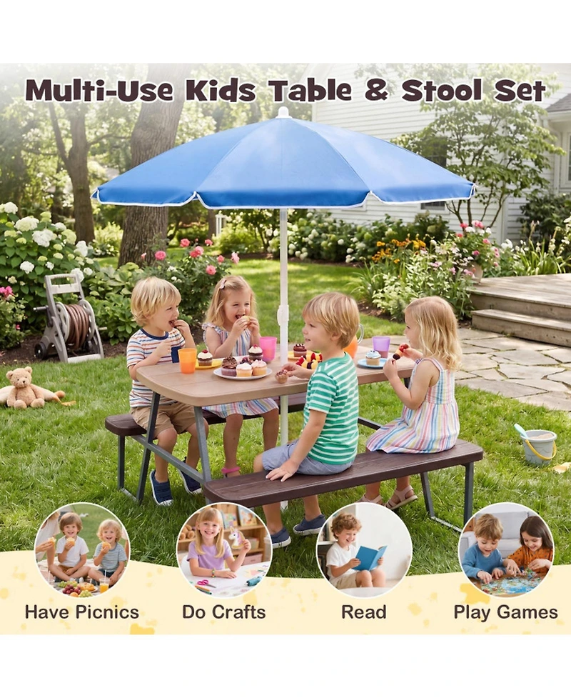 Sugift Kids Picnic Table Set for 4 with Removable Umbrella and Hdpe Tabletop