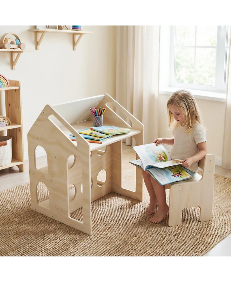Sugift House Shaped Wooden Kids Table and Chair Set 3-in-1 Activity Desk with Chalkboard and Bookshelf