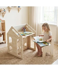 Sugift House Shaped Wooden Kids Table and Chair Set 3-in-1 Activity Desk with Chalkboard and Bookshelf
