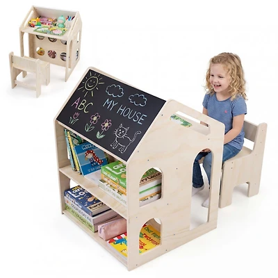Sugift House Shaped Wooden Kids Table and Chair Set 3-in-1 Activity Desk with Chalkboard and Bookshelf