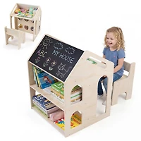 Sugift House Shaped Wooden Kids Table and Chair Set 3-in-1 Activity Desk with Chalkboard and Bookshelf