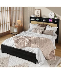 gaomon Rattan Bed Frame with Storage Drawer and Led Lights, Platform Charging Station, Headboard Shelf, Cane Panels