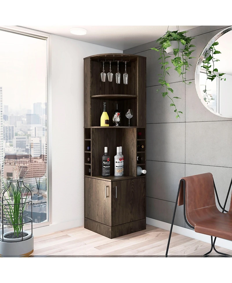 Fm Furniture Aspen Kava Corner Bar Cabinet with Wine Bottle Storage, Stemware Rack, and Shelves Dark Walnut