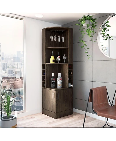 Fm Furniture Aspen Kava Corner Bar Cabinet with Wine Bottle Storage, Stemware Rack, and Shelves Dark Walnut
