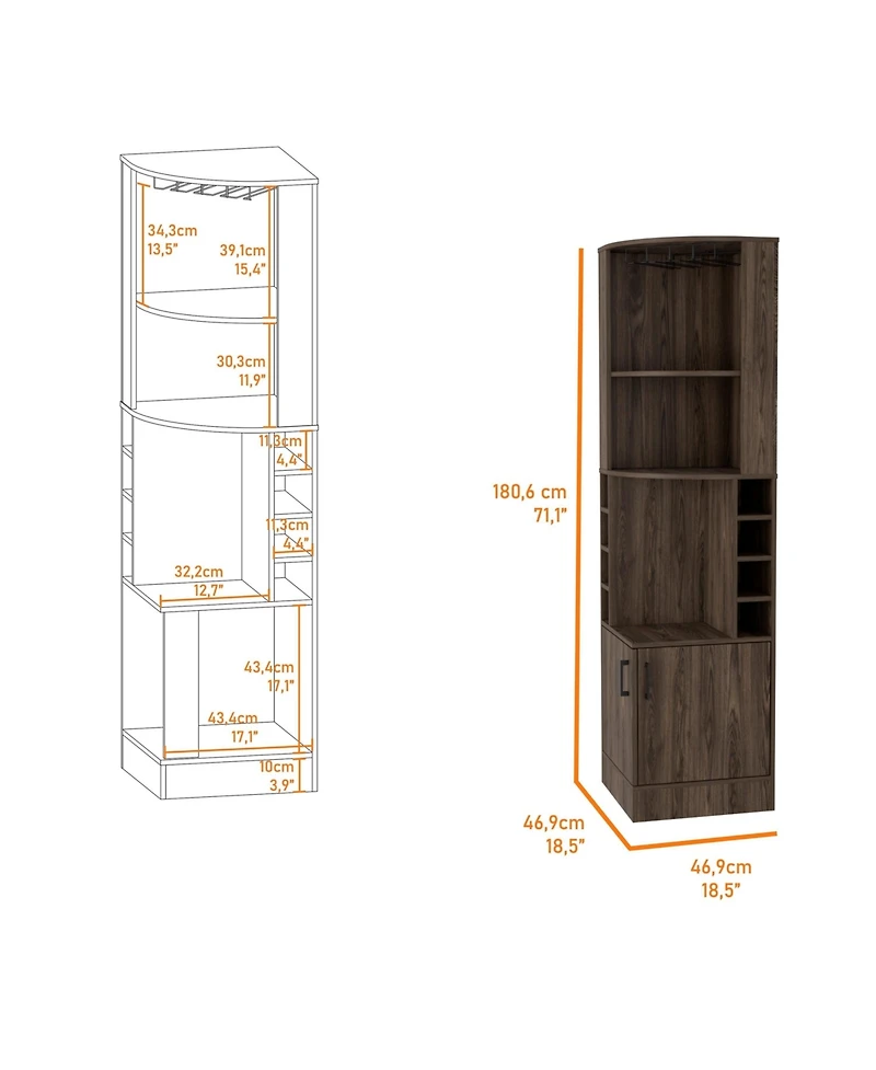 Fm Furniture Aspen Kava Corner Bar Cabinet with Wine Bottle Storage, Stemware Rack, and Shelves Dark Walnut