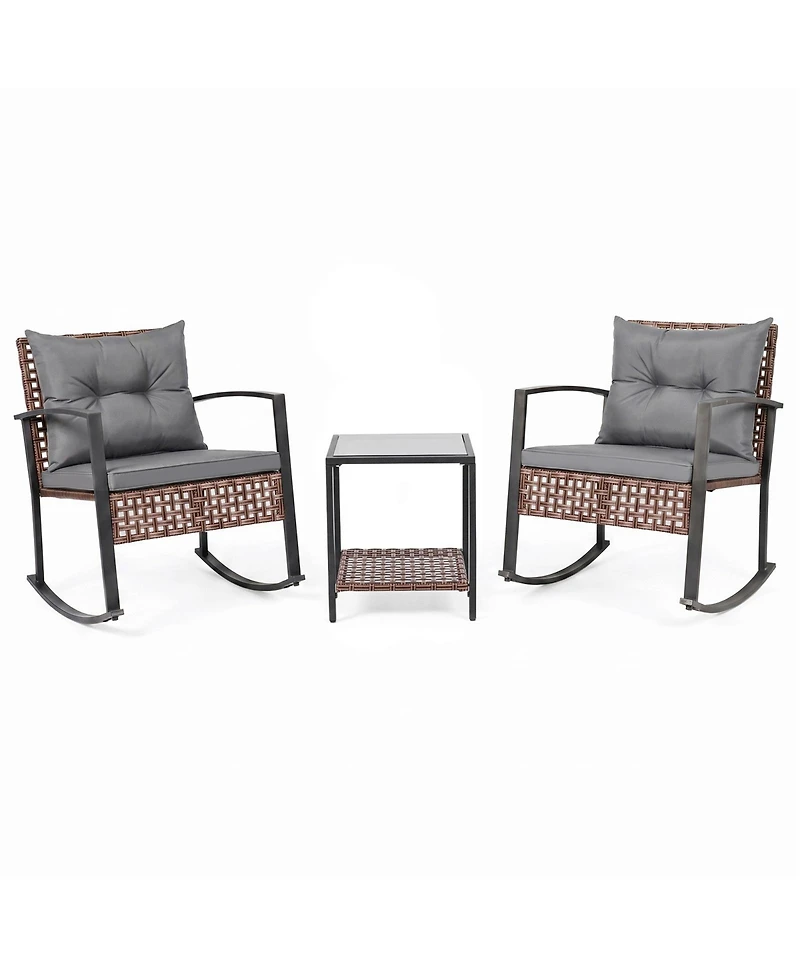 Gymax 3Piece Rattan Wicker Patio Conversation Set with Chairs 2-Tier Glass-Top Coffee Table