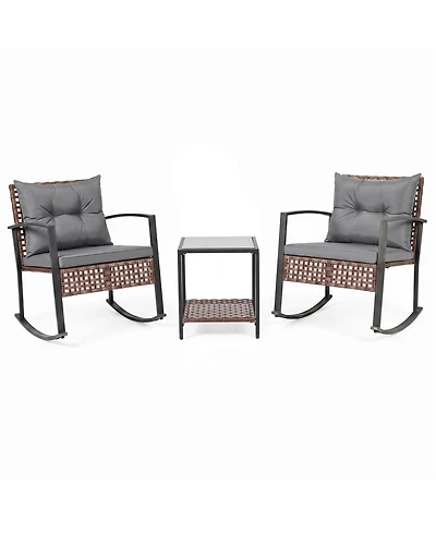 Gymax 3Piece Rattan Wicker Patio Conversation Set with Chairs 2-Tier Glass-Top Coffee Table
