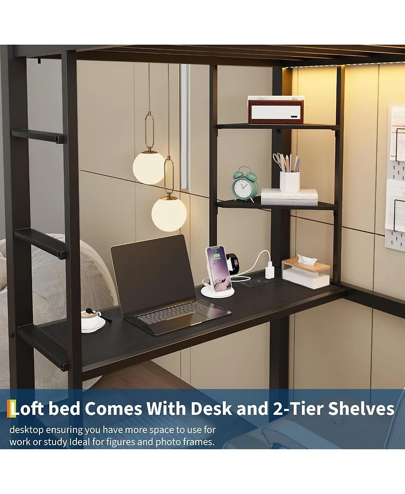 gaomon Twin Loft Bed with Desk, 4 Large Fabric Drawers and Open Shelves, Heavy Duty Metal Led Lights, Power Outlets