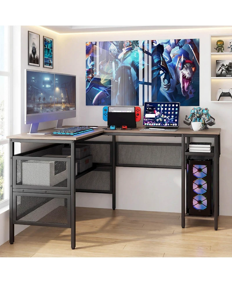 Reversible L-Shaped Computer Desk with Charging Station Adjustable Shelf Cpu Stand