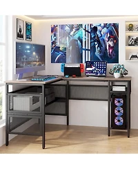 Reversible L-Shaped Computer Desk with Charging Station Adjustable Shelf Cpu Stand