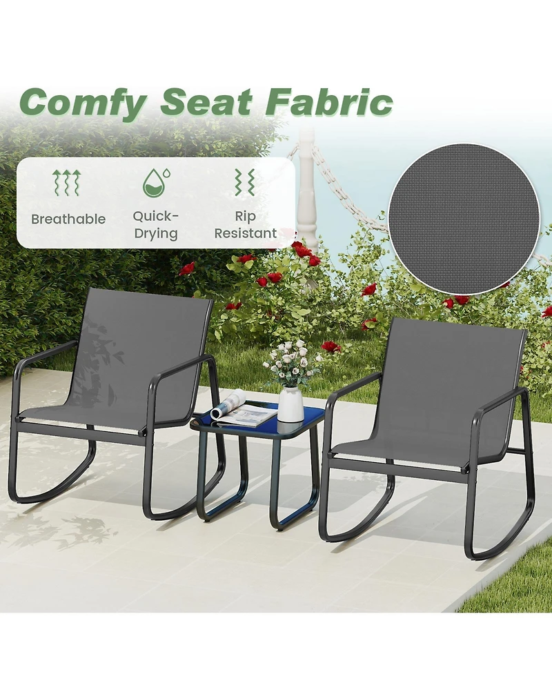 Gymax 3 Piece Patio Rocking Set 2 Rocking Bistro Chairs and Glass-Top Table for Porch