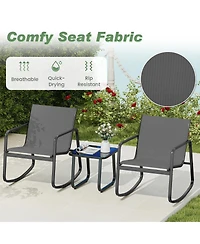 Gymax 3 Piece Patio Rocking Set 2 Rocking Bistro Chairs and Glass-Top Table for Porch