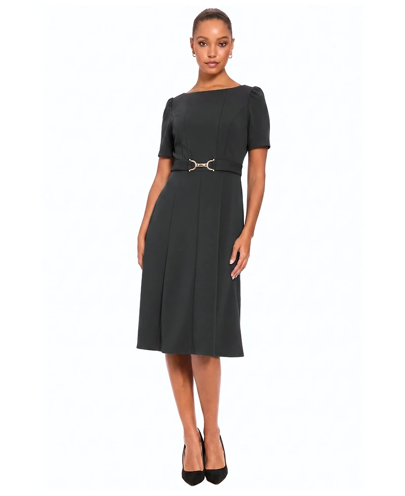 London Times Petite Belted Midi Boat Neck Dress