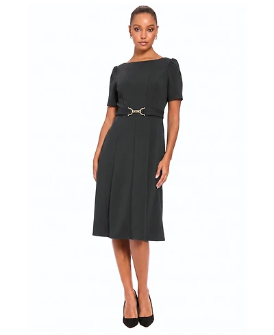 London Times Petite Belted Midi Boat Neck Dress