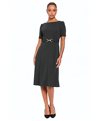 London Times Petite Belted Midi Boat Neck Dress