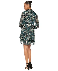 London Times Women's Tiered Chiffon Long-Sleeve Ruffle Dress