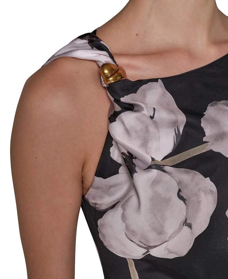 Donna Karan New York Women's Floral Asymmetrical Hem Boat Neck Midi Dress