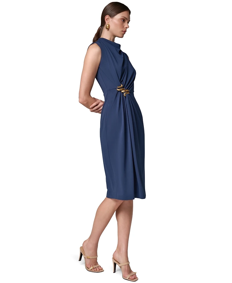 Donna Karan New York Women's Sleeveless Mock Neck Gathered Waist Midi Dress