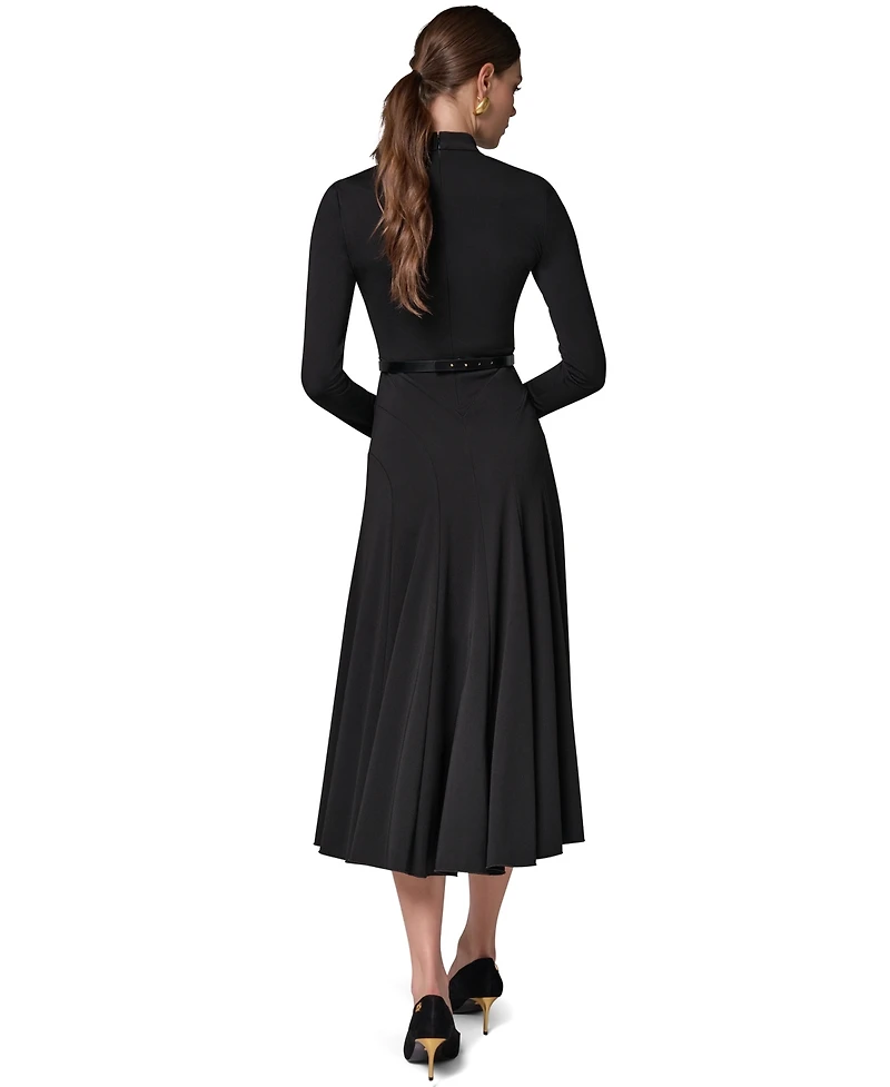 Donna Karan New York Women's Long Sleeve Mock Neck Pleated Maxi Dress with Belt