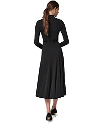 Donna Karan New York Women's Long Sleeve Mock Neck Pleated Maxi Dress with Belt