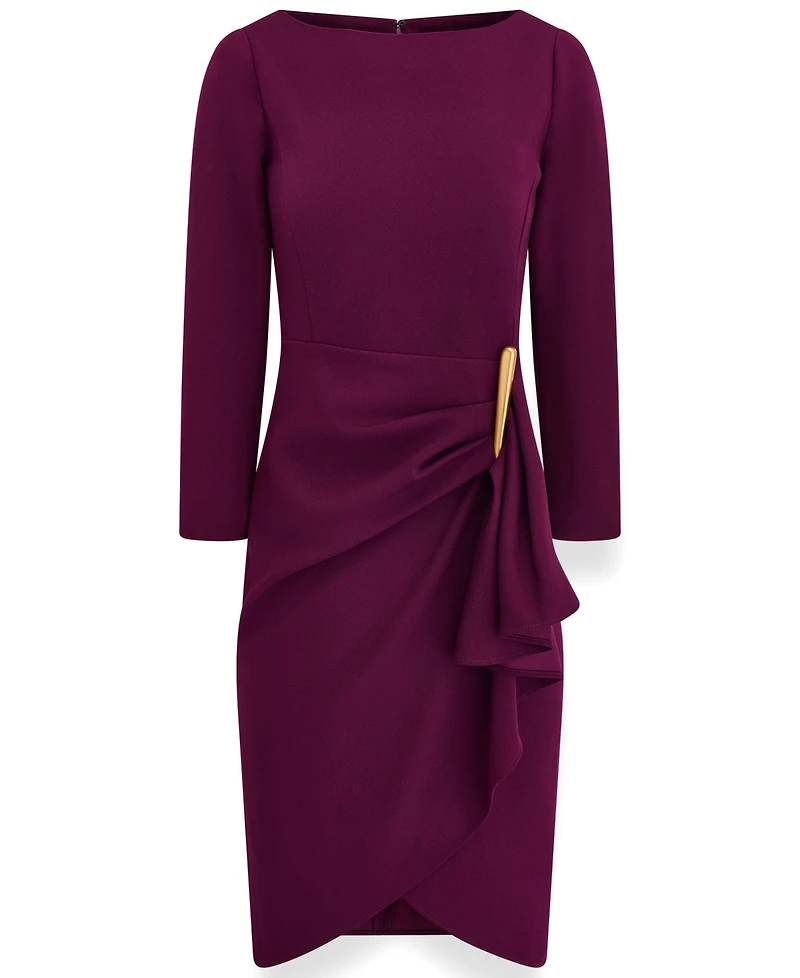 Donna Karan New York Women's Long-Sleeve Boat-Neck Side Cascade Ruffle Dress
