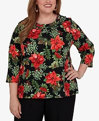 Alfred Dunner Plus Floral-Print 3/4-Sleeve Top